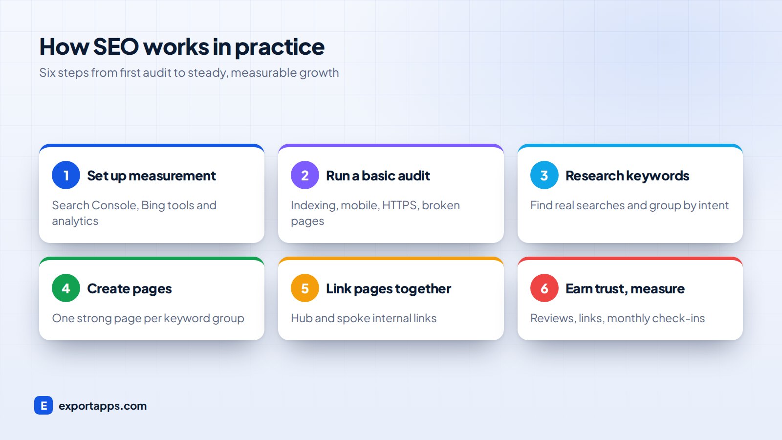 Six-step SEO process from audit and keywords to content, links and measurement